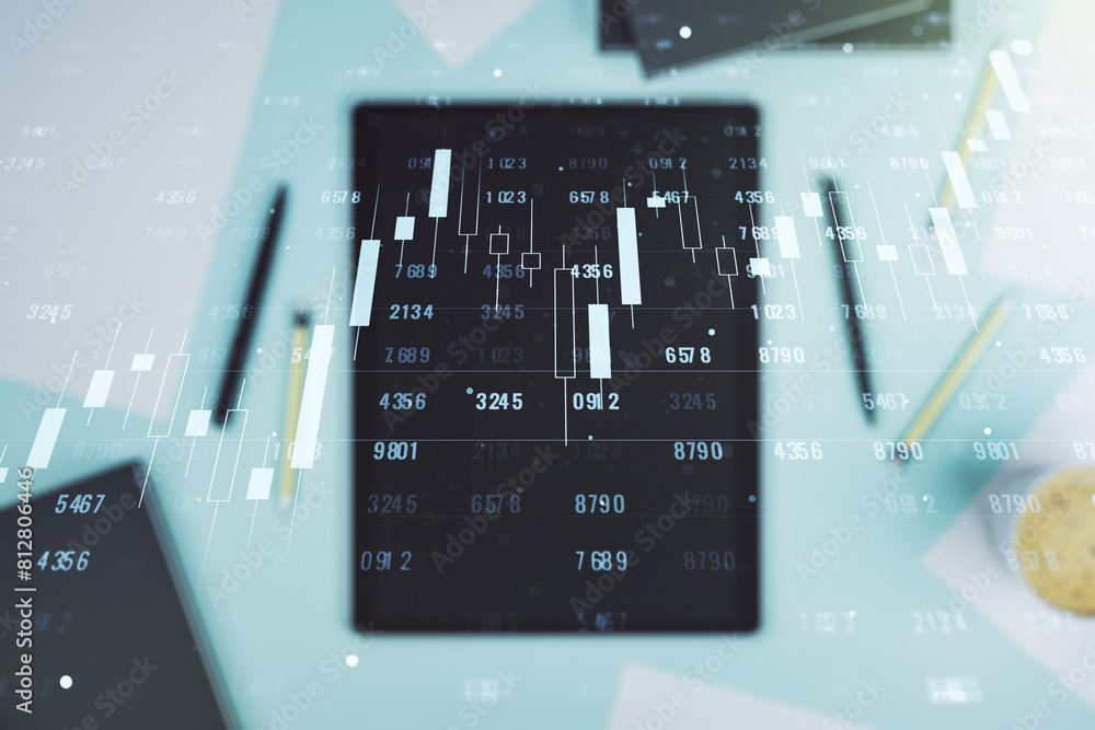 Poster multi exposure of creative statistics data hologram and digital tablet on background, top view, stat
