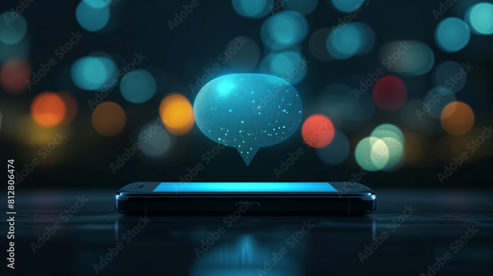 Poster a digital image depicting a smartphone projecting a holographic chat bubble, set against a bokeh lig
