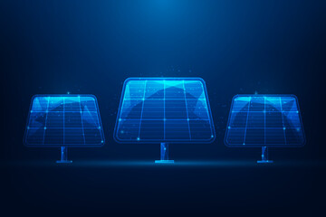 Solar cell clean energy low poly wireframe on blue background. sustainable and renewable energy. vector illustration fantastic design.