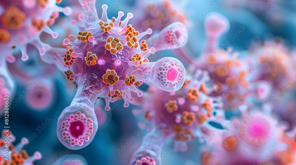 Poster microscopic view of intricate biological structures in vibrant colors
