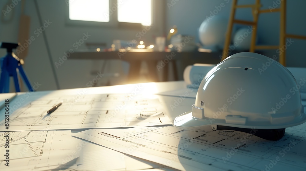 Poster Architectural designed building blueprint layout and engineer tool for designing blueprint with contractor project document on engineer workspace table in office with safety helmet or  : Generative AI