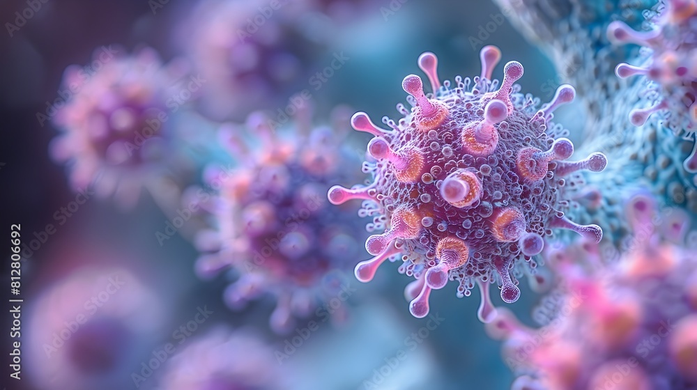 Poster detailed microscopy of pathogenic microorganism with vibrant color and intricate cellular structure