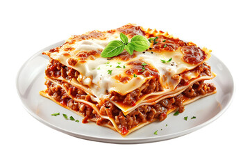 Italian foo cooked lasagna in plate, on transparent background