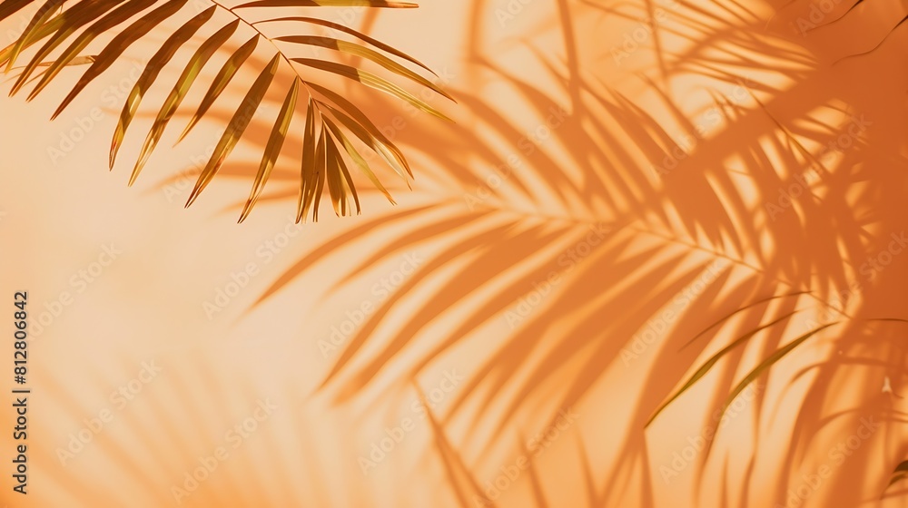 Aufkleber Warm orange and beige summer color background with tropical palm shadow Two trend pastel paper and exotic plant shade layout Minimal flat lay with leaf silhouette overlay : Generative AI