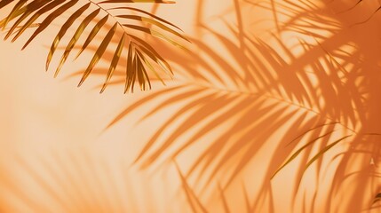 Fototapeta premium Warm orange and beige summer color background with tropical palm shadow Two trend pastel paper and exotic plant shade layout Minimal flat lay with leaf silhouette overlay : Generative AI