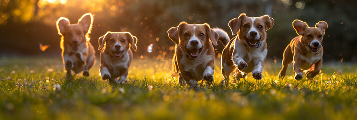 Running Beagles on Green Grass