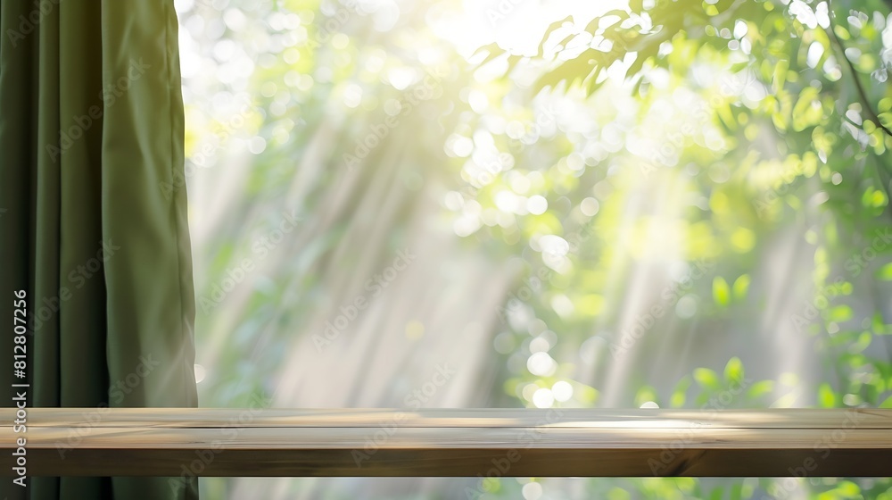 Aufkleber Empty of wood table top on blur of curtain window and abstract green from garden with sunlight For montage product display or design key visual layout : Generative AI
