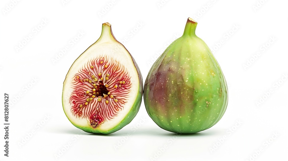 Poster fig green cut in half and whole fig greenred fruit isolated on a white background : generative ai