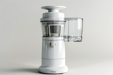 An elegant white juicer with a vertical design and a BPA-free juice collector isolated on a solid white background.