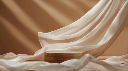 Wooden podium and satin fabric floating on brown background Luxury product placement mockup with flying cloth Premium fashion and beauty stage platform template : Generative AI