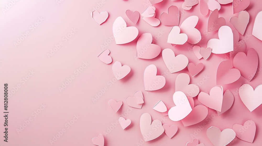 Poster composition for valentines day february 14th delicate pink background and pink hearts cut out of pap