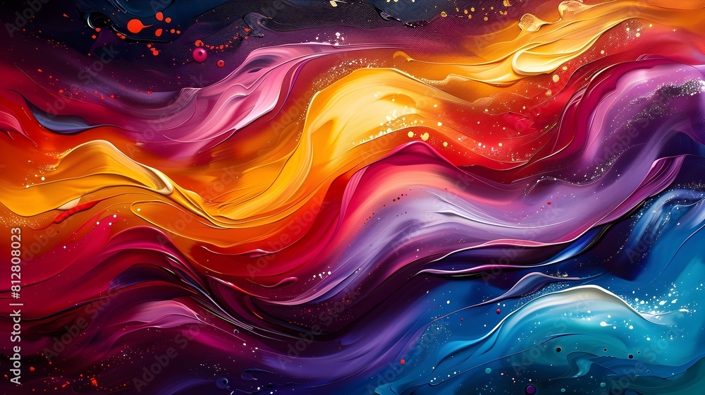 Poster vibrant swirling abstract acrylic painting with dynamic intersecting lines and vivid hues evoking a 
