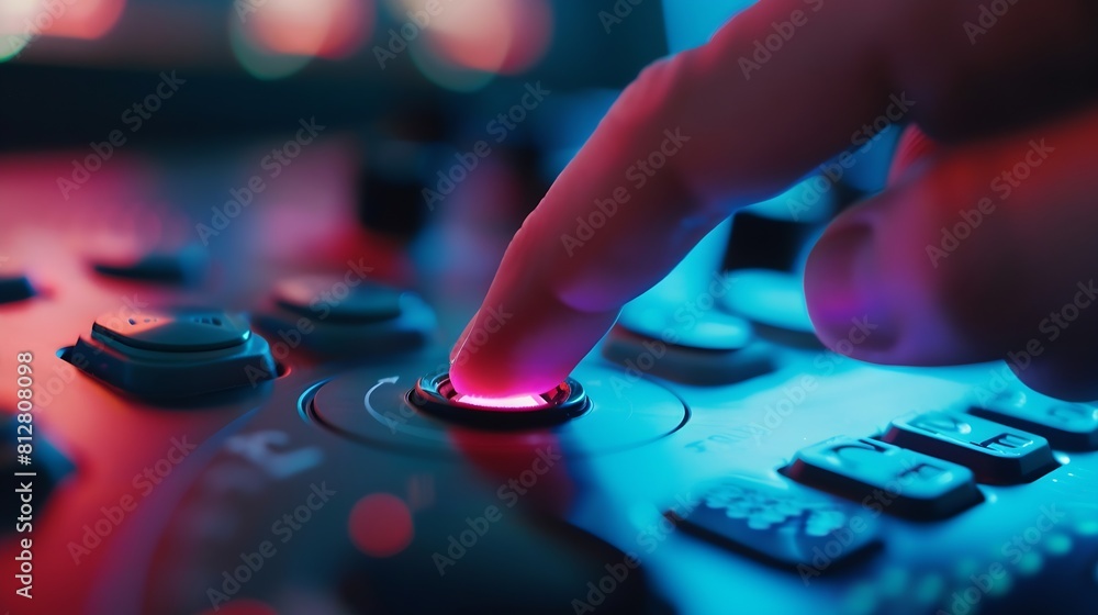 Aufkleber Selective focus at finger that push on press play button for start online entertainment for on demand video streaming service that online over internet which include movie or music : Generative AI