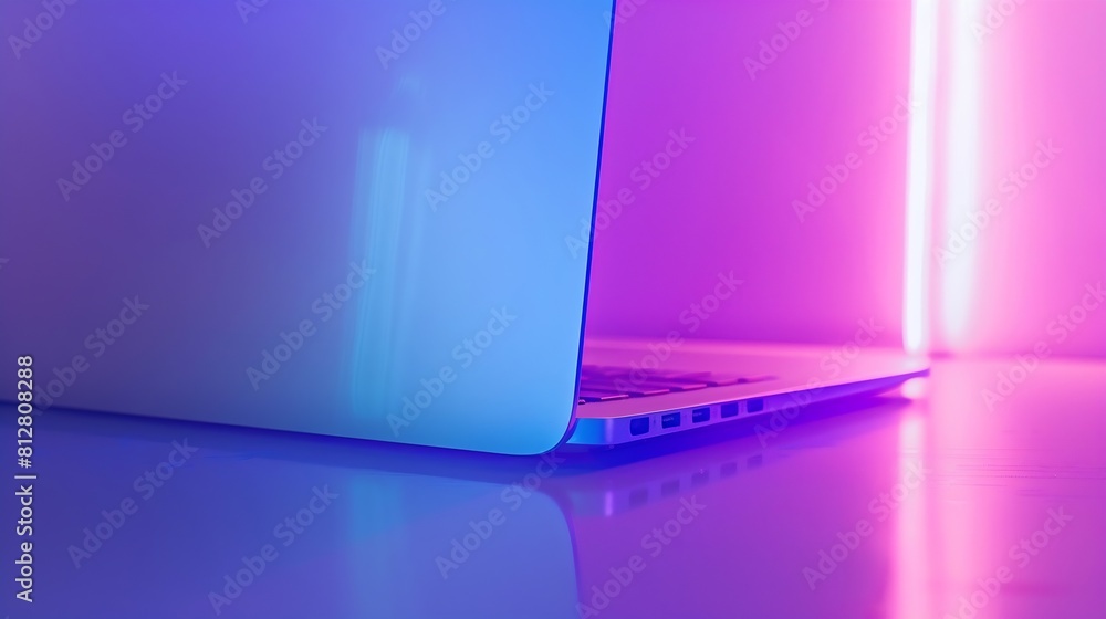 Poster notebook computer or laptop painted in white with vibrant bold gradient purple and blue holographic 