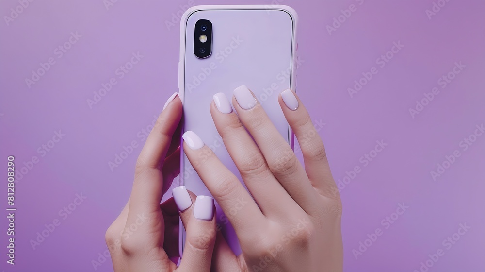 Aufkleber the layout of the phone the girl holds the phone with both hands background lilac under the color of