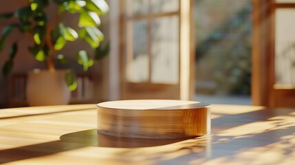 Fototapeta premium Wooden podium on table in living room interior with space : Generative AI