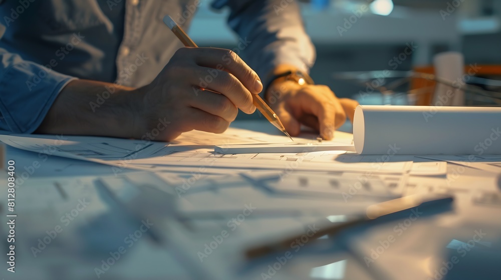 Poster architect design working drawing sketch plans blueprints and making architectural construction model