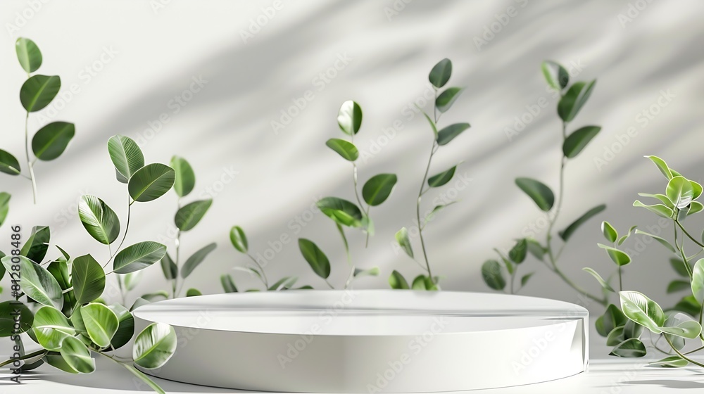 Aufkleber empty round podium and green leaves on light grey background top view pedestal and fresh natural bra