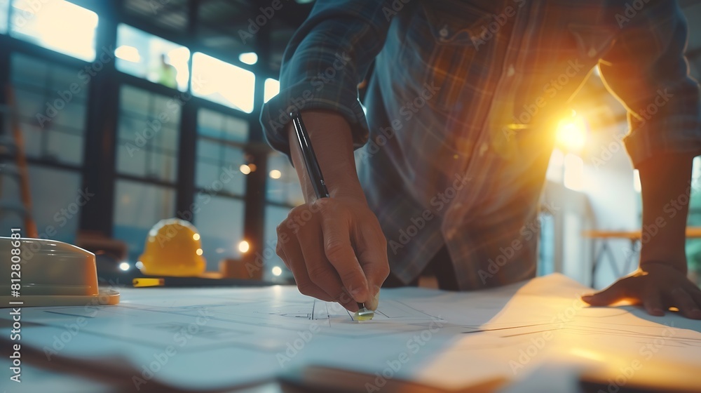 Leinwandbilder Architect or engineer working on building blueprint contractor designing and drawing blueprint layout with tool for construction project Civil engineer and architecture design concept  : Generative AI