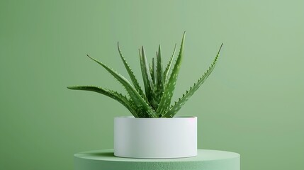 Top view view of aloe vera decorated with white podium in green background : Generative AI