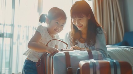 Obraz premium Go on an adventure Happy family preparing for the journey Mom and daughter are packing suitcases for the trip : Generative AI