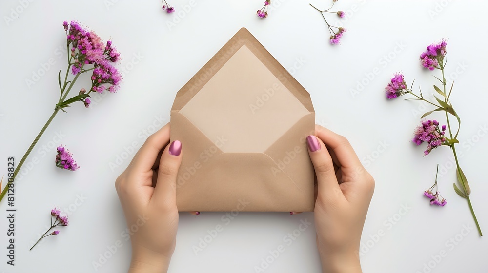Poster womans hands holding kraft envelope with blank wedding invitation card creative mock up layout on wh