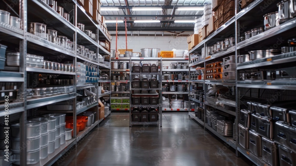 Wall mural large warehouse aisle filled with various supplies and equipment in industrial storage facility