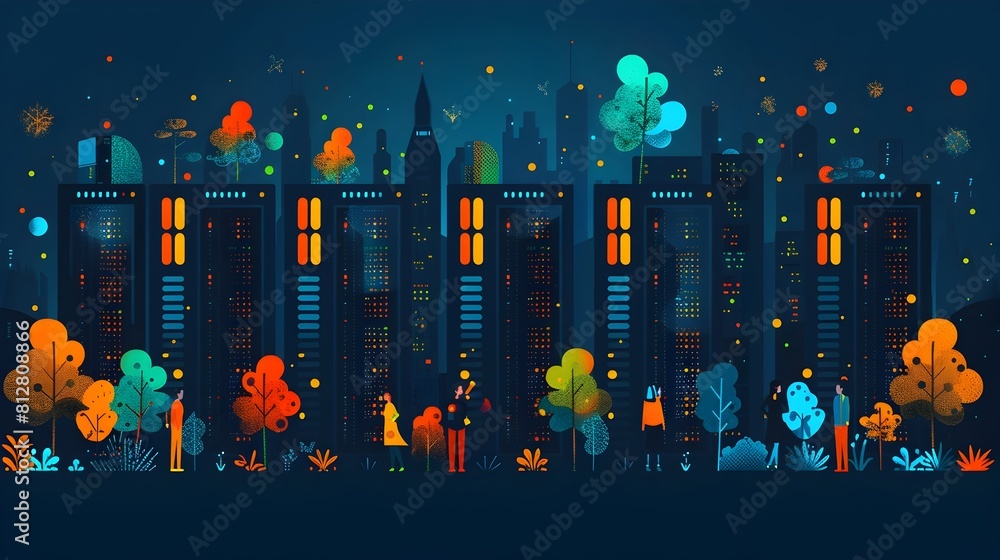 Poster vibrant cityscape at nightfall showcasing a futuristic metropolis with illuminated skyscrapers and a