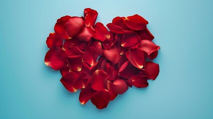 Red heart made of fresh rose petals creative romantic love layout pastel blue background : Generative AI