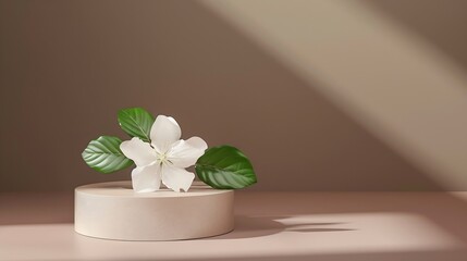 Pedestal for cosmetic product and packaging mockups presentation Empty round podium decorated with beautiful white flower and green leaf on brown background Front view : Generative AI