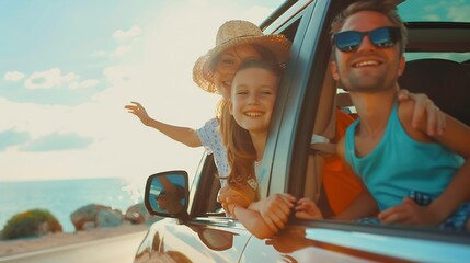 Fototapeta premium Holiday and travel family concept Summer vacationsHappy family enjoying road trip with their favorite car Parents and children are traveling the way to the sea or ocean : Generative AI