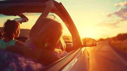 Hatchback Car travel driving road trip of family summer vacation in car at sunsetGirls happy traveling enjoy holidays and relaxation together get the atmosphere and go to destination : Generative AI