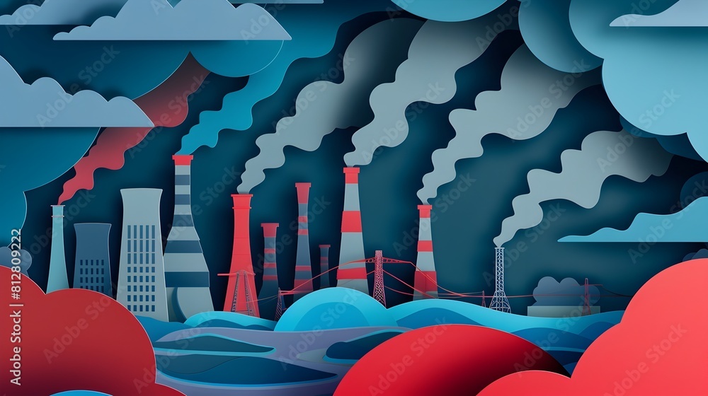 Poster Factory Fumes Pollute Skies in Dystopian Papercut Cityscape with Nested Layers of Shapes and Smoke