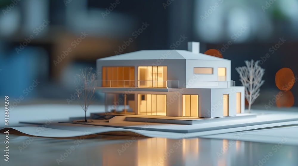 Poster residential building project architectural design blueprint plans and house model banner : generativ