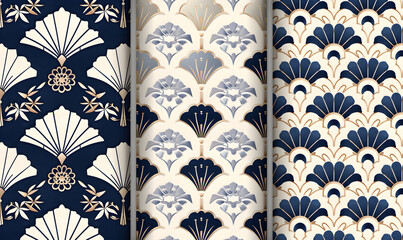 Seamless patterns set with traditional Japanese art deco design elements in navy blue and beige...