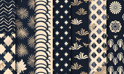 Seamless patterns set with traditional Japanese art deco design elements in navy blue and beige...