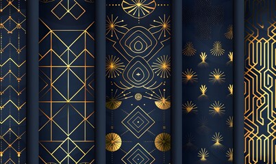 Seamless patterns set with traditional Japanese art deco design elements in navy blue and beige colors, vector illustration. Modern geometric decorative texture for textile fabric print design
