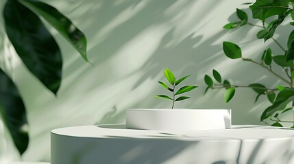 Abstract empty white podium with green leaves on green background Mock up stand for product presentation 3D Render Minimal concept Advertising template : Generative AI