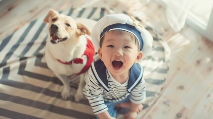 Happy kid dressed in sailor Child playing with dog Baby having fun at home Travel and adventure concept Unusual high angle view portrait : Generative AI - Powered by Adobe