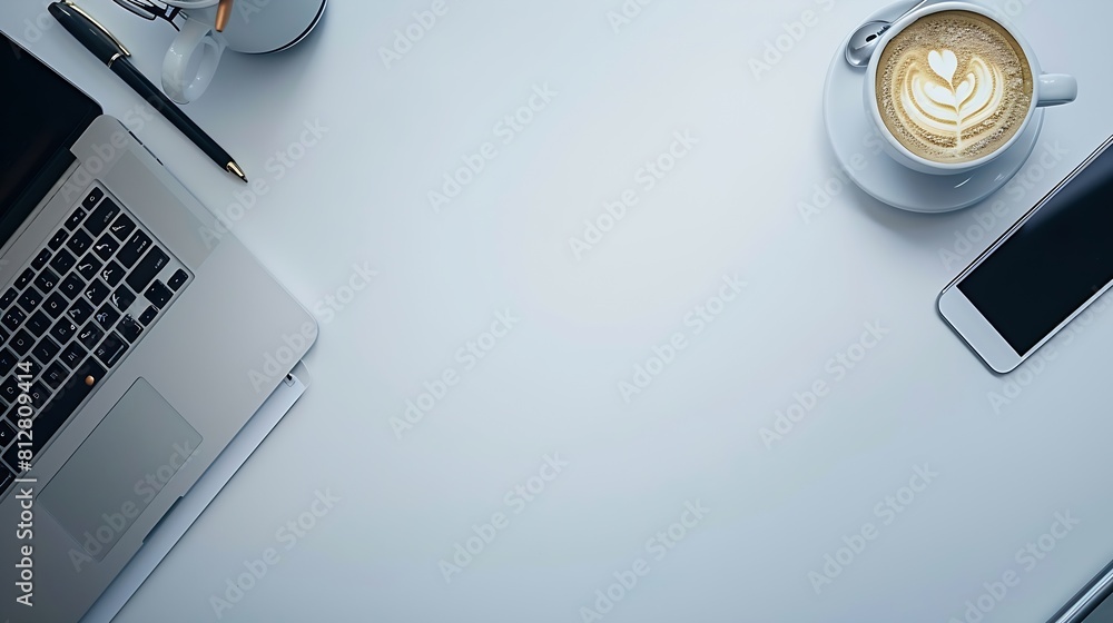 Aufkleber Top view of white office desk with laptop smartphone cup of coffee and supplies Top view with copy space : Generative AI