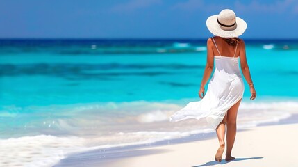 Beach vacation woman walking on summer travel Caribbean holiday wearing white sun hat and sarong skirt Ocean panoramic banner background Elegant lady tourist : Generative AI