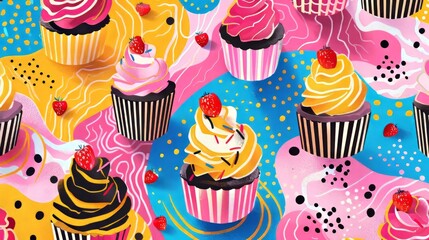 Cupcakes and structured patterns converge in a lively, colorful artwork