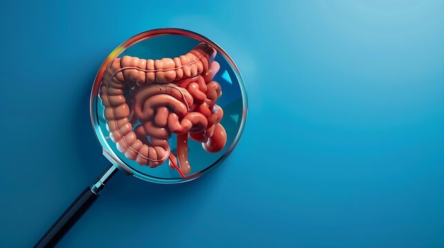 Mockup of a human with internal organs and red intestines under a magnifying glass on a blue background Intestinal diseases concept ulcerative colitis and intestinal ulcer appendicitis : Generative AI