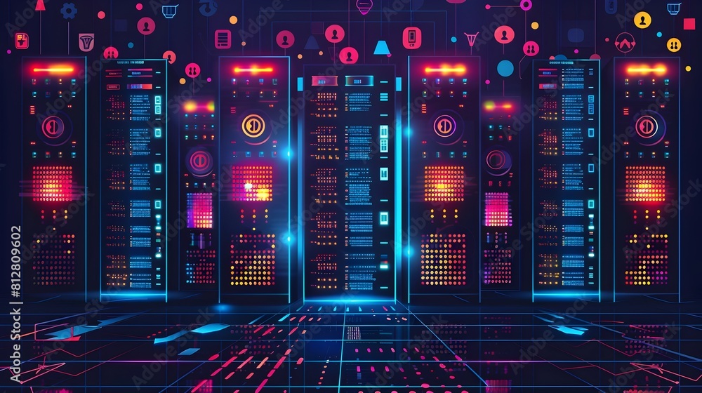 Aufkleber Sleek Futuristic Server Rack Concept with Vibrant Neon Glow and Minimal Geometric Design Depicting Modern Digital Infrastructure and Data Processing