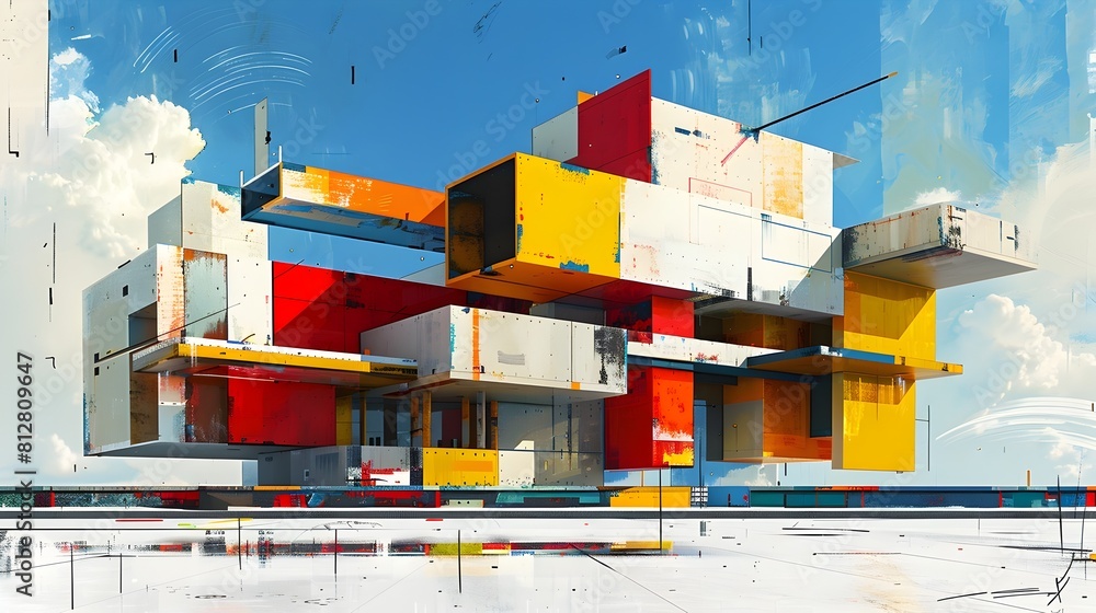 Aufkleber avant garde futuristic building composed of intersecting geometric planes and bold primary colors in