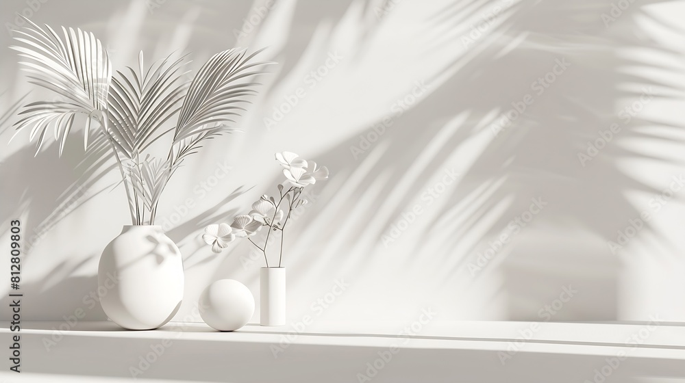 Poster white table and abstract geometric wall background with flowers and palm leaves shadows overlay abst
