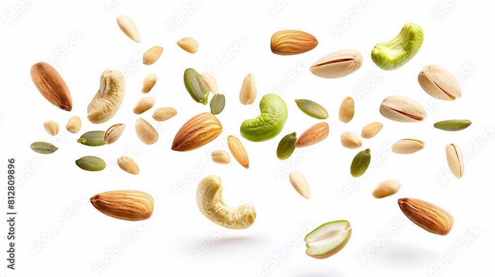 Poster peeled peanut hazelnut green pumpkin seeds pistachio cashew walnut and almond isolated on white back - Posters