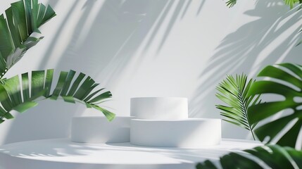 Geometric shaped podiums in white color decorated with fresh tropical leaves Vacant space to display your natural product Front view : Generative AI