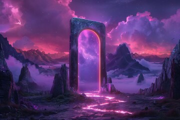Alien phone frame with a purple screen and mountains