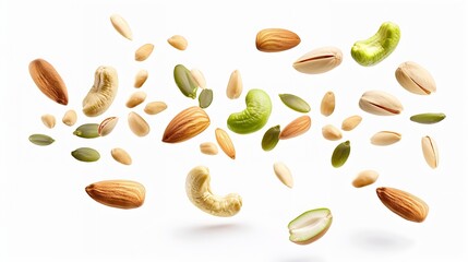 Peeled peanut hazelnut green pumpkin seeds pistachio cashew walnut and almond isolated on white background Nuts flying for vertical layout Package design element with clipping path : Generative AI